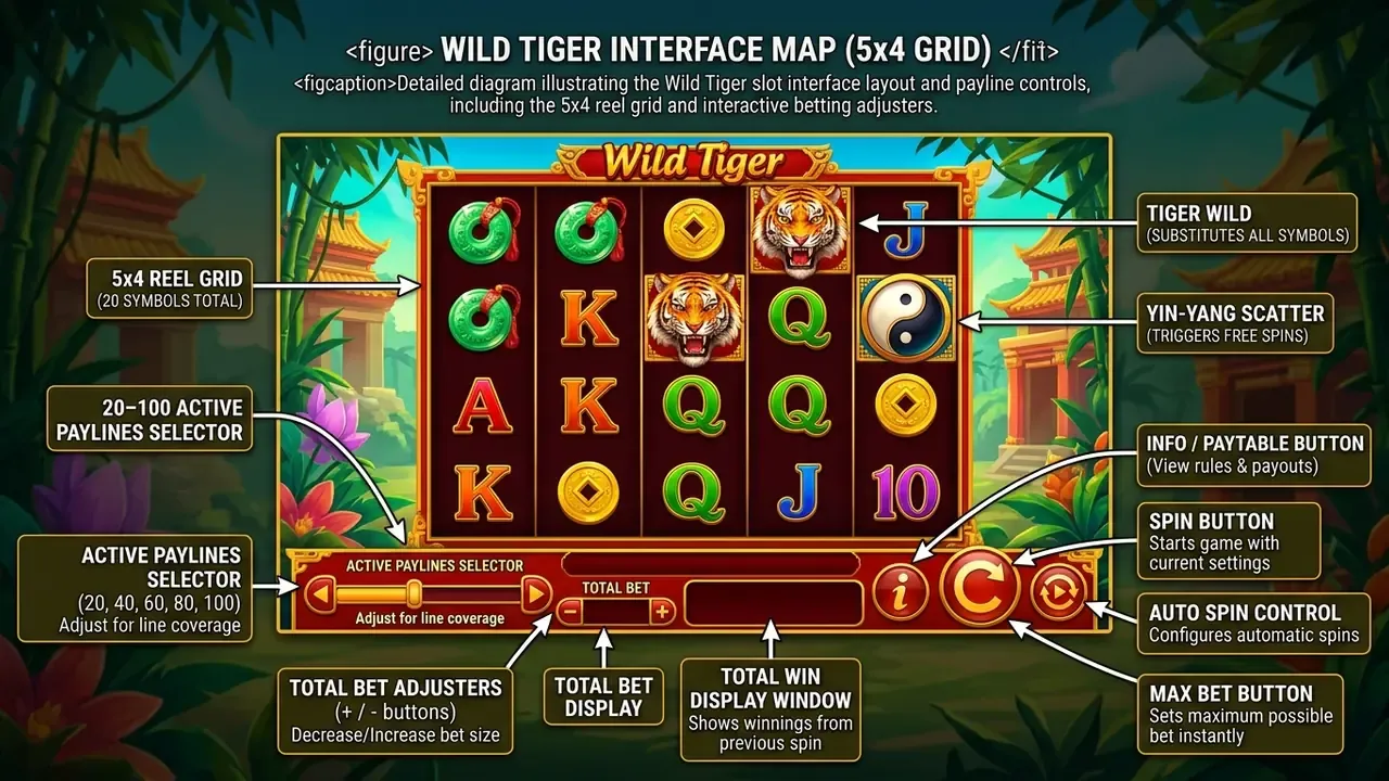 wild tiger slot interface layout and payline controls